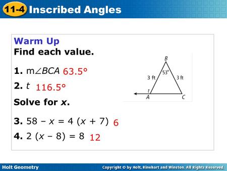 Warm Up Find each value. 1. mBCA 2. t Solve for x.