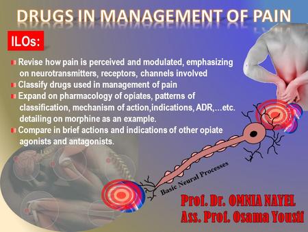 ILOs: Revise how pain is perceived and modulated, emphasizing on neurotransmitters, receptors, channels involved Classify drugs used in management of pain.