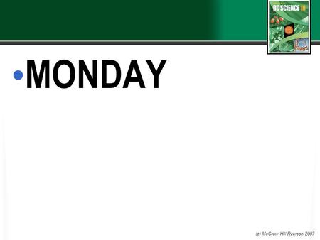 MONDAY (c) McGraw Hill Ryerson 2007. JOURNAL PROJECT YOUR JOURNAL WILL BE WORTH ___% OF THIS CHAPTERS GRADE EACH DAY YOU WILL BE REQUIRED TO ANSWER THE.