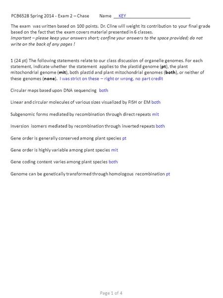 The exam was written based on 100 points. Dr. Cline will weight its contribution to your final grade based on the fact that the exam covers material presented.