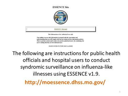 The following are instructions for public health officials and hospital users to conduct syndromic surveillance on influenza-like illnesses using ESSENCE.