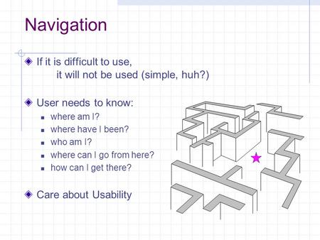 Navigation If it is difficult to use, it will not be used (simple, huh?) User needs to know: where am I? where have I been? who am I? where can I go from.