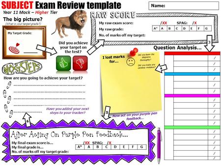 / / / / / / / / / / / / / / / / / Name: SUBJECT Exam Review template The big picture? (What is your target grade?) Did you achieve your target on the test?