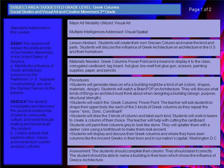 Major Art Modality Utilized: Visual Art Multiple Intelligences Addressed: Visual/Spatial Lesson Abstract: Students will create their own Grecian Column.