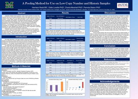 A Pooling Method for Use on Low Copy Number and Historic Samples Harrison Redd BS 1, Odile Loreille PhD 2, Charla Marshall PhD 2, Pamela Staton PhD 1 1.