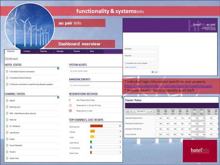 Functionality & systems info au pair info Dashboard overview * Individual login information specific to your property https://www.siteminder.co.uk/web/login?p=hotelinfoaupair.