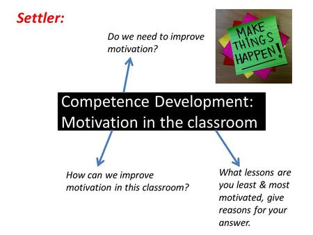 Competence Development: Motivation in the classroom Settler: How can we improve motivation in this classroom? Do we need to improve motivation? What lessons.