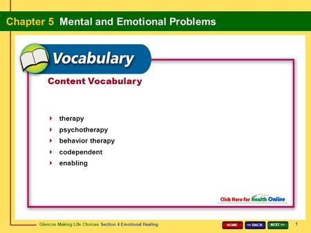 Glencoe Making Life Choices Section 4 Emotional Healing Chapter 5 Mental and Emotional Problems 1 > HOME Content Vocabulary therapy psychotherapy.