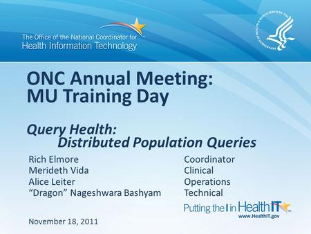 Rich ElmoreCoordinator Merideth Vida Clinical Alice Leiter Operations “Dragon” Nageshwara Bashyam Technical ONC Annual Meeting: MU Training Day Query Health: