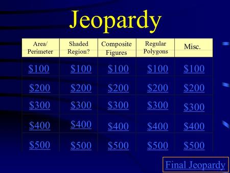 Jeopardy $100 $100 $100 $100 $100 $200 $200 $200 $200 $200 $300 $300