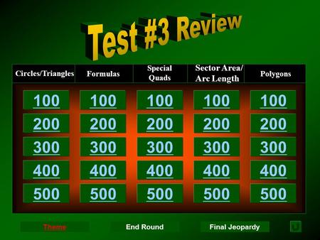 100 200 300 400 500 100 200 300 400 500 100 200 300 Circles/Triangles Sector Area/ Arc Length Formulas Special Quads Polygons 400 500 100 200 300 400.