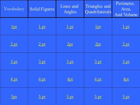 2 pt 3 pt 4 pt 5pt 1 pt 2 pt 3 pt 4 pt 5 pt 1 pt 2pt 3 pt 4pt 5 pt 1pt 2pt 3 pt 4 pt 5 pt 1 pt 2 pt 3 pt 4pt 5 pt 1pt Vocabulary Solid Figures Lines and.