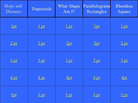 2 pt 3 pt 4 pt 5pt 1 pt 2 pt 3 pt 4 pt 5 pt 1 pt 2pt 3 pt 4pt 5 pt 1pt 2pt 3 pt 4 pt 5 pt 1 pt 2 pt 3 pt 4pt 5 pt 1pt Slope and Distance Trapezoids What.