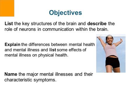 Objectives Explain the differences between mental health and mental illness and list some effects of mental illness on physical health. Name the major.