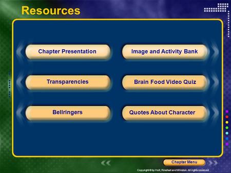 Copyright © by Holt, Rinehart and Winston. All rights reserved. ResourcesChapter menu Chapter Presentation Transparencies Bellringers Image and Activity.