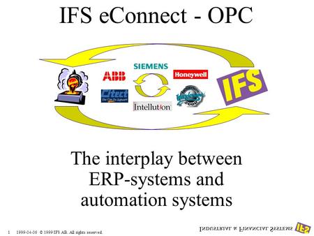 1999-04-061 © 1999 IFS AB. All rights reserved. IFS eConnect - OPC The interplay between ERP-systems and automation systems.