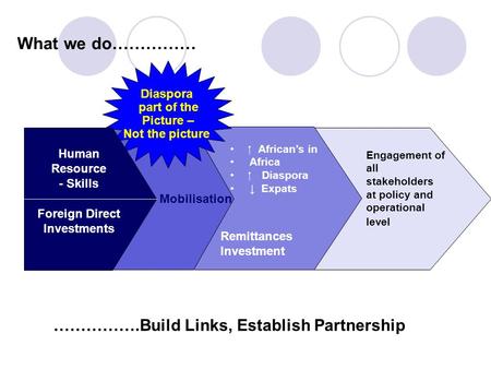 What we do…………… Remittances Investment Mobilisation Diaspora part of the Picture – Not the picture Human Resource - Skills Foreign Direct Investments.