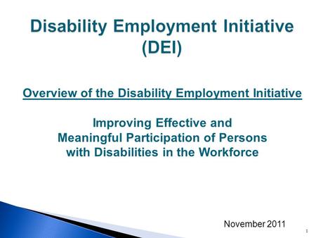 Overview of the Disability Employment Initiative Improving Effective and Meaningful Participation of Persons with Disabilities in the Workforce November.