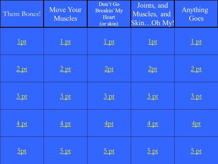 2 pt 3 pt 4 pt 5pt 1 pt 2 pt 3 pt 4 pt 5 pt 1 pt 2pt 3 pt 4pt 5 pt 1pt 2pt 3 pt 4 pt 5 pt 1 pt 2 pt 3 pt 4pt 5 pt 1pt Them Bones! Move Your Muscles Don’t.