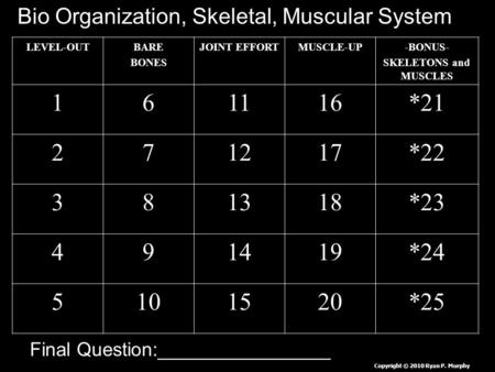 LEVEL-OUTBARE BONES JOINT EFFORTMUSCLE-UP-BONUS- SKELETONS and MUSCLES 161116*21 271217*22 381318*23 491419*24 5101520*25 Copyright © 2010 Ryan P. Murphy.