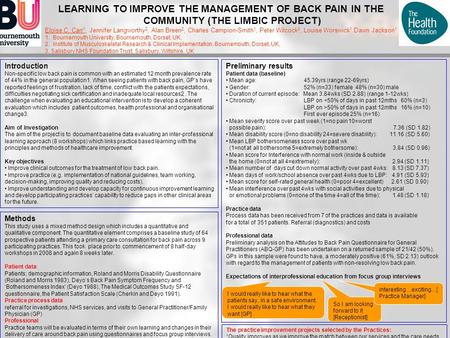 LEARNING TO IMPROVE THE MANAGEMENT OF BACK PAIN IN THE COMMUNITY (THE LIMBIC PROJECT) Eloise C. Carr 1, Jennifer Langworthy 2, Alan Breen 2, Charles Campion-Smith.