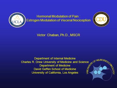 Victor Chaban, Ph.D., MSCR L A B O R A T O R Y O F N E U R O E N D O C R I N O L O G Y Hormonal Modulation of Pain : Estrogen Modulation of Visceral Nociception.