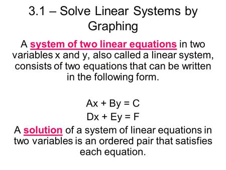 3.1 – Solve Linear Systems by Graphing A system of two linear equations in two variables x and y, also called a linear system, consists of two equations.