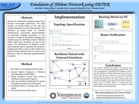 This work was supported by the TRUST Center (NSF award number CCF-0424422) Emulation of Abilene Network using DETER John Mela 1, Blaine Nelson 2, Saurabh.