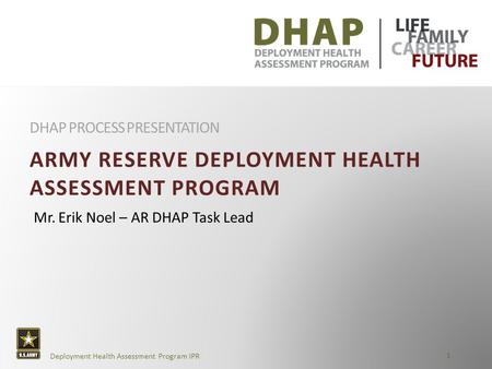 AR Deployment Health Assessment Program Overview Presentation 1 Deployment Health Assessment Program IPR ARMY RESERVE DEPLOYMENT HEALTH ASSESSMENT PROGRAM.