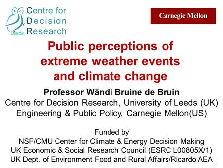 Public perceptions of extreme weather events and climate change Professor Wändi Bruine de Bruin Centre for Decision Research, University of Leeds (UK)