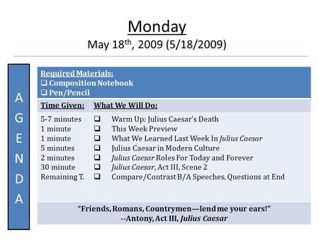 Quote Monday May 18 th, 2009 (5/18/2009) Required Materials:  Composition Notebook  Pen/Pencil Time Given:What We Will Do: 5-7 minutes 1 minute 5 minutes.