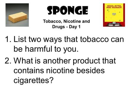 SPONGE 1.List two ways that tobacco can be harmful to you. 2.What is another product that contains nicotine besides cigarettes? Tobacco, Nicotine and.