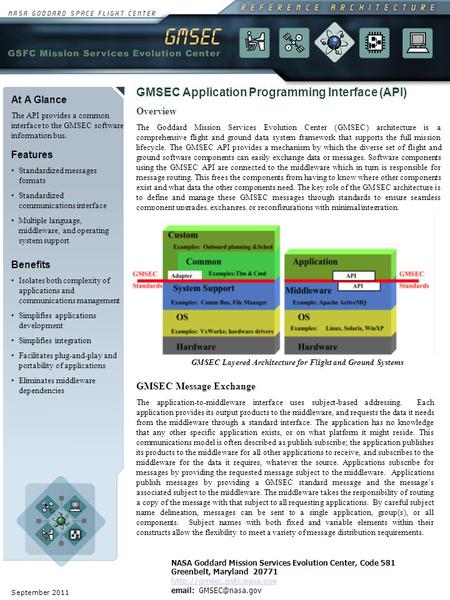 September 2011 At A Glance The API provides a common interface to the GMSEC software information bus. Benefits Isolates both complexity of applications.