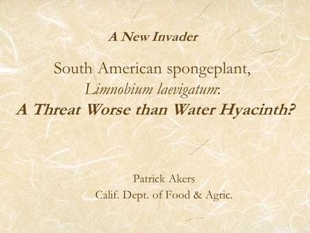 A New Invader South American spongeplant, Limnobium laevigatum: A Threat Worse than Water Hyacinth? Patrick Akers Calif. Dept. of Food & Agric.