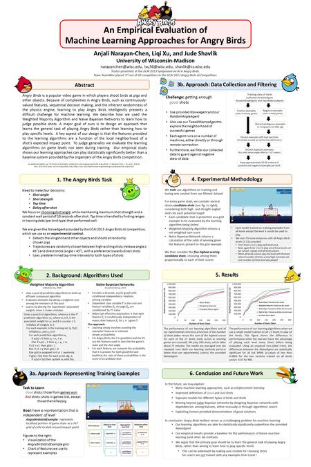 An Empirical Evaluation of Machine Learning Approaches for Angry Birds Anjali Narayan-Chen, Liqi Xu, and Jude Shavlik University of Wisconsin-Madison