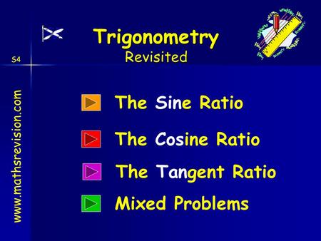 The Sine Ratio The Cosine Ratio The Tangent Ratio Mixed Problems.