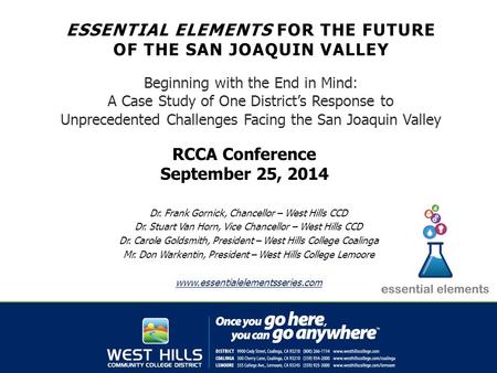 ESSENTIAL ELEMENTS FOR THE FUTURE OF THE SAN JOAQUIN VALLEY Beginning with the End in Mind: A Case Study of One District’s Response to Unprecedented Challenges.