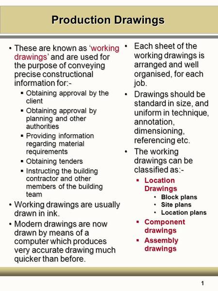 1 Production Drawings These are known as ‘working drawings’ and are used for the purpose of conveying precise constructional information for:-These are.