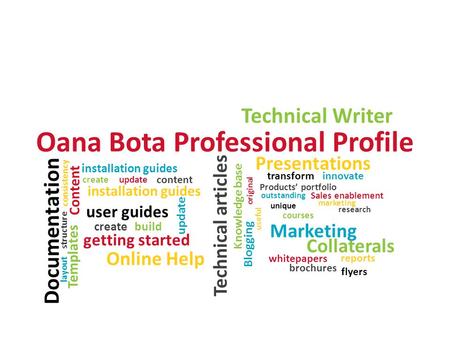 Oana Bota Professional Profile Technical Writer Documentation user guides installation guides Technical articles getting started create update build innovate.