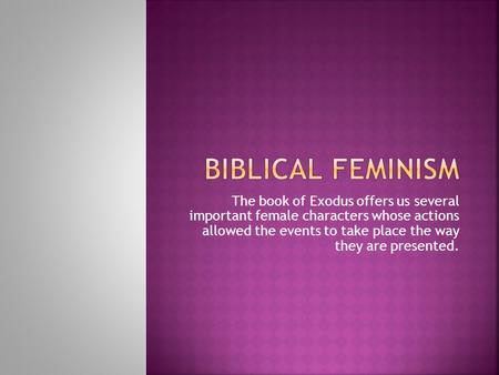 The book of Exodus offers us several important female characters whose actions allowed the events to take place the way they are presented.