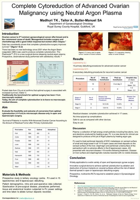 Materials & Methods Prospective study in tertiary oncology centre. PJ used in 15 laparotomies and 6 laparoscopic debulking. Patient demographics, intra.