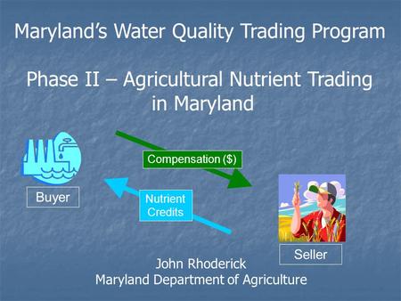 Buyer Seller Nutrient Credits Compensation ($) Maryland’s Water Quality Trading Program Phase II – Agricultural Nutrient Trading in Maryland John Rhoderick.