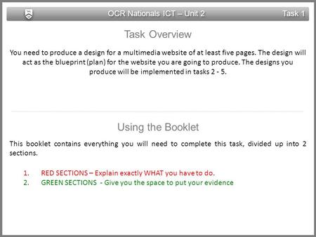 OCR Nationals ICT – Unit 2 Task 1 Task Overview You need to produce a design for a multimedia website of at least five pages. The design will act as the.