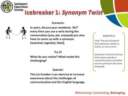 Scenario: In pairs, discuss your weekend. BUT every time you use a verb during the conversation (saw, ate, enjoyed) you also have to come up with a synonym.