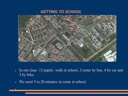 GETTING TO SCHOOL Ariane school ● In our class 12 pupils walk to school, 3 come by bus, 4 by car and 3 by bike. ● We need 5 to 20 minutes to come to school.