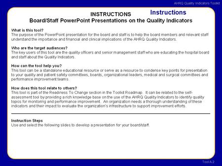 AHRQ Quality Indicators Toolkit Tool A.2 Instructions.