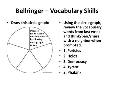 Bellringer – Vocabulary Skills Draw this circle graph: Using the circle graph, review the vocabulary words from last week and think/pair/share with a neighbor.