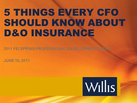 5 THINGS EVERY CFO SHOULD KNOW ABOUT D&O INSURANCE 2011 FEI SPRING PROFESSIONAL DEVELOPMENT EVENT JUNE 16, 2011.