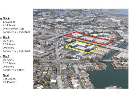 1 1 Total 195,268 sf. 20.49 Acres Existing Use Site A 130,258 sf. 7.34 Acres One and two story Commercial / Industrial Site B 26,234 sf. 9.58 Acres One.