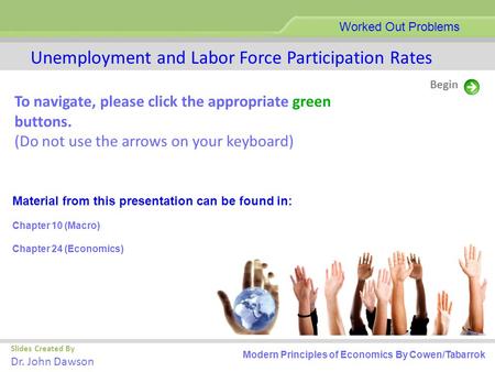 To navigate, please click the appropriate green buttons. (Do not use the arrows on your keyboard) Worked Out Problems Slides Created By Dr. John Dawson.